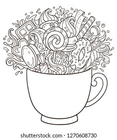 Antistress coloring page. Lollipop, candy shop, Valentine's day, cupcake, cup of coffee, coloring page, chocolate, sweets, doodles, hand drawn