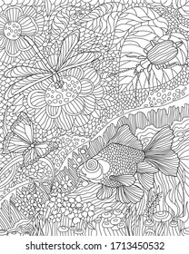 Antistress coloring page. Nature floral pattern with insects and fish.