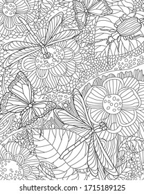 Antistress Coloring Page. Nature Floral Pattern With Insects