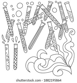 Antistress coloring page on science theme, many test tubes with different patterns and ornate shapes vector illustration