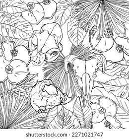 Antistress coloring page. Set of animal skull and flowers frame sketch. Vector illustration isolated on white. Animal Skulls and floral Frame. For coloring, tattoo, print, card, designer boho style