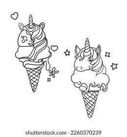 página de coloreado antiestrés. Conjunto de dos unicornios de helados de dibujos animados en conos de gofre con una forma colorida. Ilustración vectorial aislada en fondo blanco. Para imprimir, tarjetas, diseñadores, ropa, icono, logotipo