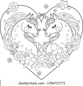 Antistress coloring page. Two cute cartoon unicorns with flowers and heart on background. Vector illustration isolated on white