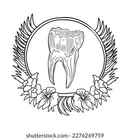 Antistress coloring page. Vector illustration of teeth. Realistic human tooth in floral frame. Frame from flowers, small leaves or grass. For print, package, clothes, interior, icon, dental logo