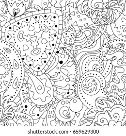 Antistress coloring page with zentangle elements. Seamless pattern with abstract ornaments.