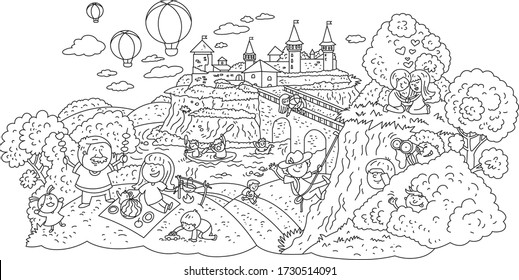 Antistress, contour coloring about the city of Kamenetz-Podolsky on a white background.