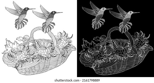 Antistress drawing for coloring. Basket, Flowers and Birds. Coloring Book for adults and children. Cute  background for wallpaper, gift paper, pattern fills, textile, greetings cards 