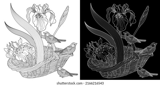 Antistress drawing for coloring. Basket, Flowers and Birds. Coloring Book for adults and children. Cute  background for wallpaper, gift paper, pattern fills, textile, greetings cards 