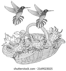 Antistress drawing for coloring. Basket, Flowers and Birds. Coloring Book for adults and children. Cute  background for wallpaper, gift paper, pattern fills, textile, greetings cards 