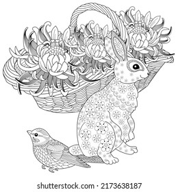 Antistress drawing for coloring. Basket, Flowers, Birds and Hare rabbit. Coloring Book for adults and children. Cute  background for wallpaper, gift paper, pattern fills, textile, greetings cards 