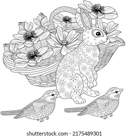 Antistress drawing for coloring. Basket, Flowers, Birds and Hare rabbit. Coloring Book for adults and children. Cute  background for wallpaper, gift paper, pattern fills, textile, greetings cards