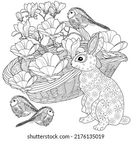 Antistress drawing for coloring. Basket, Flowers, Birds and Hare rabbit. Coloring Book for adults and children. Cute  background for wallpaper, gift paper, pattern fills, textile, greetings cards