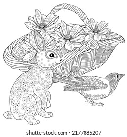 Antistress drawing for coloring. Basket, Flowers, Birds and Hare rabbit. Coloring Book for adults and children. Cute  background for wallpaper, gift paper, pattern fills, textile, greetings cards 
