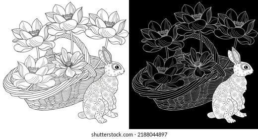 Antistress drawing for coloring. Basket, Flowers, Birds and Hare rabbit. Coloring Book for adults and children. Cute  background for wallpaper, gift paper, pattern fills, textile, greetings cards 
