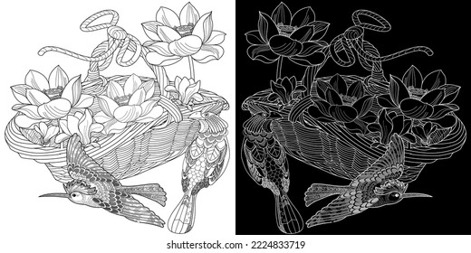 Antistress drawing for coloring. Basket, Flowers and Birds. Coloring Book for adults and children. Cute  background for wallpaper, gift paper, pattern fills, textile, greetings cards