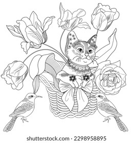 Antistress drawing for coloring. Basket of flowers and cute kitten. Coloring Book for adults and children. Cute  background for wallpaper, gift paper, pattern fills, textile, greetings cards 