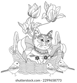 Antistress drawing for coloring. Basket of flowers and cute kitten. Coloring Book for adults and children. Cute  background for wallpaper, gift paper, pattern fills, textile, greetings cards 