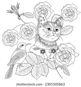 Antistress drawing for coloring. Basket of flowers and cute kitten. Coloring Book for adults and children. Cute  background for wallpaper, gift paper, pattern fills, textile, greetings cards 
