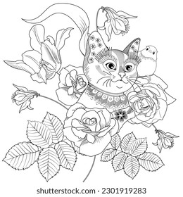 Antistress drawing for coloring. Basket of flowers and cute kitten. Coloring Book for adults and children. Cute  background for wallpaper, gift paper, pattern fills, textile, greetings cards 
