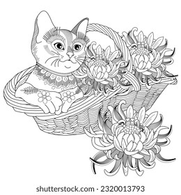 Antistress drawing for coloring. Basket of flowers and cute kitten. Coloring Book for adults and children. Cute  background for wallpaper, gift paper, pattern fills, textile, greetings cards 
