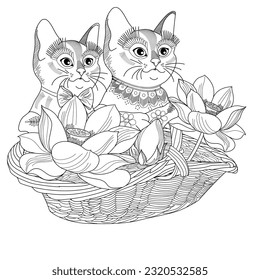 Antistress drawing for coloring. Basket of flowers and cute kitten. Coloring Book for adults and children. Cute  background for wallpaper, gift paper, pattern fills, textile, greetings cards 
