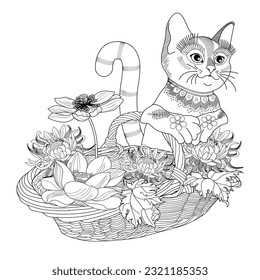 Antistress drawing for coloring. Basket of flowers and cute kitten. Coloring Book for adults and children. Cute  background for wallpaper, gift paper, pattern fills, textile, greetings cards 
