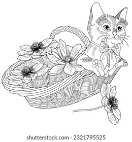 Antistress drawing for coloring. Basket of flowers and cute kitten. Coloring Book for adults and children. Cute  background for wallpaper, gift paper, pattern fills, textile, greetings cards 
