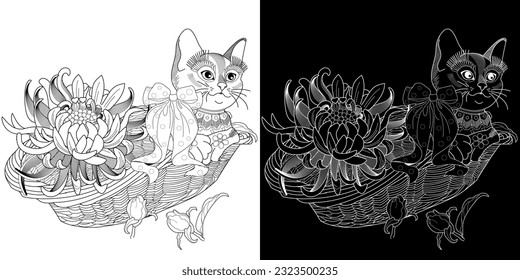 Antistress drawing for coloring. Basket of flowers and cute kitten. Coloring Book for adults and children. Cute  background for wallpaper, gift paper, pattern fills, textile, greetings cards 
