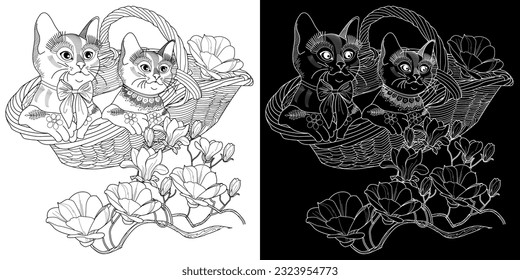 Antistress drawing for coloring. Basket of flowers and cute kitten. Coloring Book for adults and children. Cute  background for wallpaper, gift paper, pattern fills, textile, greetings cards 
