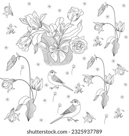 Antistress drawing for coloring. Basket of flowers and  birds. Coloring Book for adults and children. Cute  background for wallpaper, gift paper, pattern fills, textile, greetings cards 