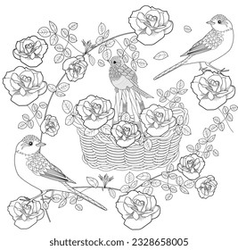 Antistress drawing for coloring. Basket of flowers and  birds. Coloring Book for adults and children. Cute  background for wallpaper, gift paper, pattern fills, textile, greetings cards 