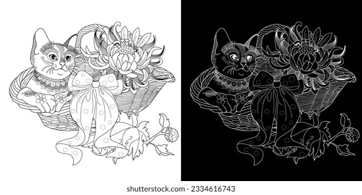 Antistress drawing for coloring. Basket of flowers and cute kitten. Coloring Book for adults and children. Cute  background for wallpaper, gift paper, pattern fills, textile, greetings cards 
