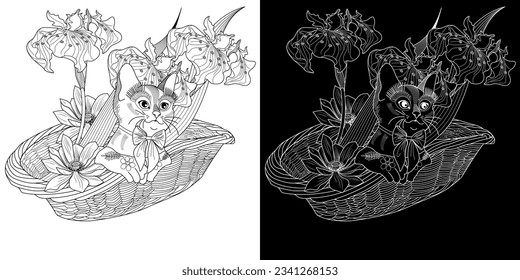 Antistress drawing for coloring. Basket of flowers and  cat. Coloring Book for adults and children. Cute  background for wallpaper, gift paper, pattern fills, textile, greetings cards 
