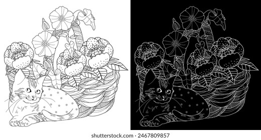 Antistress drawing for coloring. Basket of flowers and  cat. Coloring Book for adults and children. Cute  background for wallpaper, gift paper, pattern fills, textile, greetings cards 