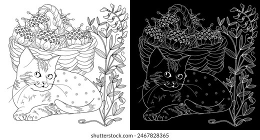 Antistress drawing for coloring. Basket of flowers and  cat. Coloring Book for adults and children. Cute  background for wallpaper, gift paper, pattern fills, textile, greetings cards 