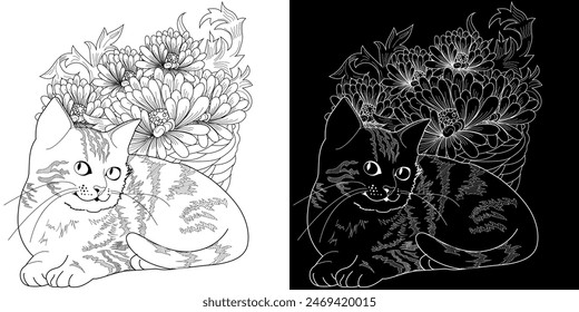 Antistress drawing for coloring. Basket of flowers and  cat. Coloring Book for adults and children. Cute  background for wallpaper, gift paper, pattern fills, textile, greetings cards 
