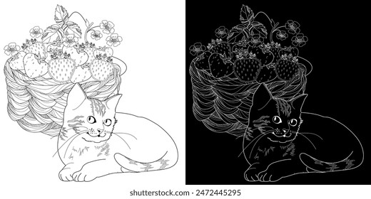 Antistress drawing for coloring. Basket of flowers and  cat. Coloring Book for adults and children. Cute  background for wallpaper, gift paper, pattern fills, textile, greetings cards 

