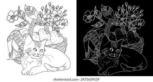 Antistress drawing for coloring. Basket of flowers and  cat. Coloring Book for adults and children. Cute  background for wallpaper, gift paper, pattern fills, textile, greetings cards 

