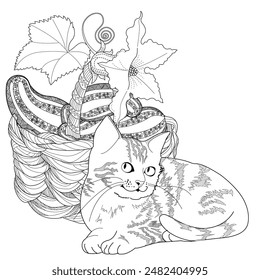 Antistress drawing for coloring. Basket of flowers and  cat. Coloring Book for adults and children. Cute  background for wallpaper, gift paper, pattern fills, textile, greetings cards 
