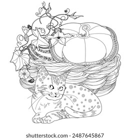 Antistress drawing for coloring. Basket of flowers and  cat. Coloring Book for adults and children. Cute  background for wallpaper, gift paper, pattern fills, textile, greetings cards 
