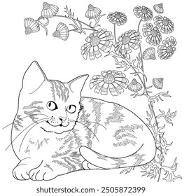 Antistress drawing for coloring. Basket of flowers and  cat. Coloring Book for adults and children. Cute  background for wallpaper, gift paper, pattern fills, textile, greetings cards 
