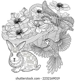 Antistress drawing for coloring. Basketof flowers and a cute bunny. Coloring Book for adults and children. Cute  background for wallpaper, gift paper, pattern fills, textile, greetings cards 