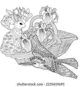 Antistress drawing for coloring. Basketof flowers and a cute bunny. Coloring Book for adults and children. Cute  background for wallpaper, gift paper, pattern fills, textile, greetings cards 
