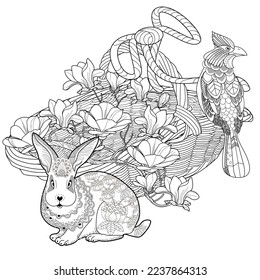 Antistress drawing for coloring. Basketof flowers and a cute bunny. Coloring books make you feel better. Coloring drawings is an effective art therapy practice

