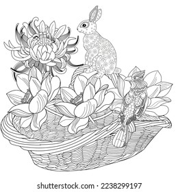 Antistress drawing for coloring. Basketof flowers and a cute bunny. Coloring books make you feel better. Coloring drawings is an effective art therapy practice

