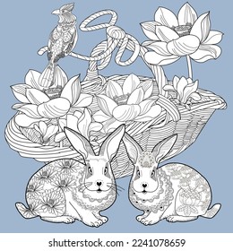 Antistress drawing for coloring. Basketof flowers and a cute bunny. Coloring Book for adults and children. Cute  background for wallpaper, gift paper, pattern fills, textile, greetings cards 
