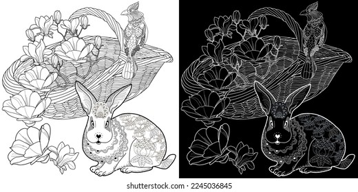 Antistress drawing for coloring. Basketof flowers and a cute bunny. Coloring Book for adults and children. Cute  background for wallpaper, gift paper, pattern fills, textile, greetings cards 