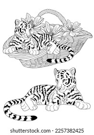 Antistress drawing for coloring. Basketof flowers and a tiger cub. Coloring Book for adults and children. Cute  background for wallpaper, gift paper, pattern fills, textile, greetings cards 