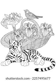 Antistress drawing for coloring. Basketof flowers and a tiger cub. Coloring Book for adults and children. Cute  background for wallpaper, gift paper, pattern fills, textile, greetings cards 