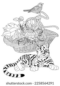 Antistress drawing for coloring. Basketof flowers and a tiger cub. Coloring Book for adults and children. Cute  background for wallpaper, gift paper, pattern fills, textile, greetings cards 